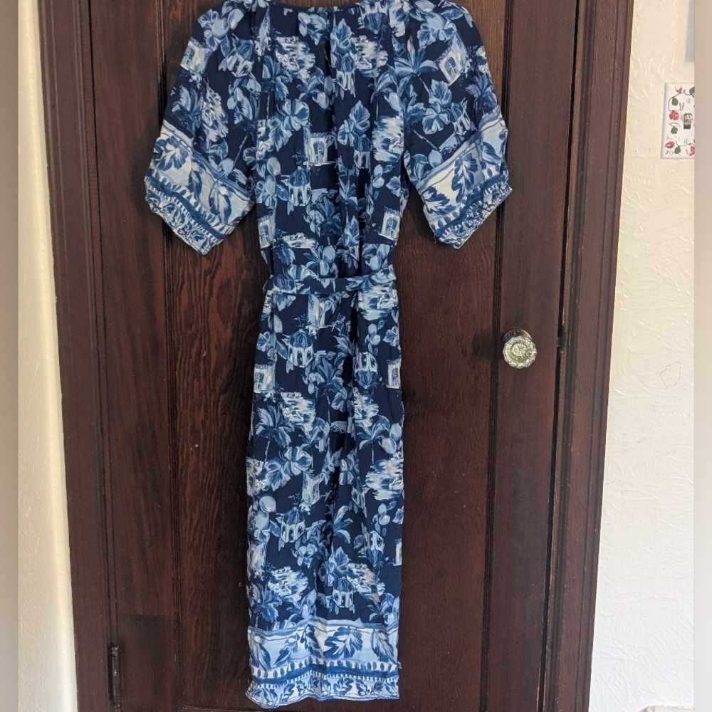Loft Blue Hawaiian Vacation Print Short Sleeve Midi Dress Size Large Petite - Picture 5 of 7